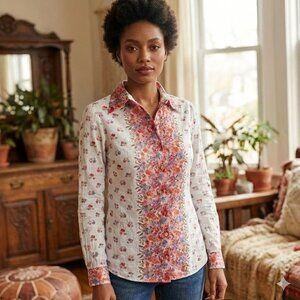 Vintage 70s White Cotton Blouse Dagger Collar Floral Jacquard Disco Shirt S